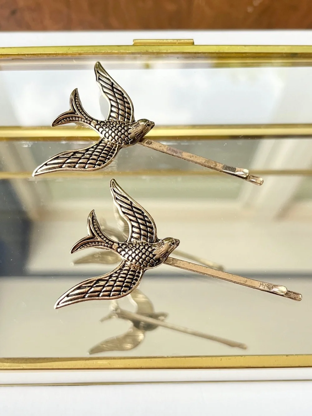 Engraved Gold-Tone Swallow Hair Pins - Set of 2